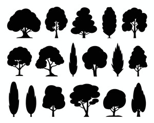 Collection of diverse tree silhouettes isolated on white background