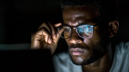 Medium shot of a focused college coder adjusting bluelight glasses with one hand while debugging software laptop screen softly illuminating the face in dark surroundings.