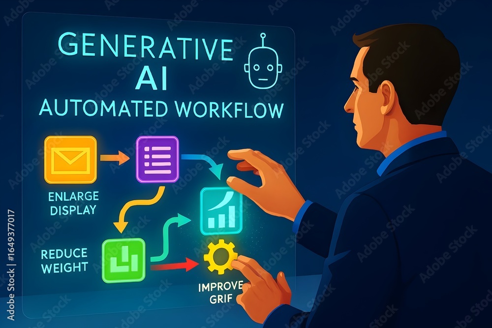Poster illustration of generative ai automated workflow, showcasing the process of data analysis, optimizat