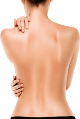 Bare back of woman with hand on shoulder isolated on transparent background. Concept of skincare,...