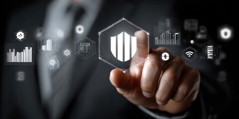 Businessman interacts with a digital security shield interface.  Data visualizations float around