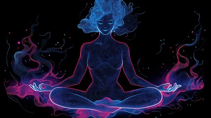 Radiant Aura of Serenity: A Woman Meditating in Swirling Blue and Pink Neon Energy
