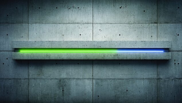 Progress bar, neon green and blue, mounted on a textured concrete wall