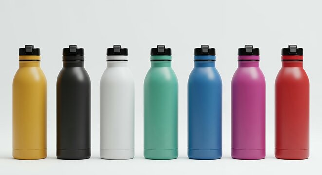 Modern insulated water bottles with flip-top sport lids in pastel and neutral colors lined up for product photography