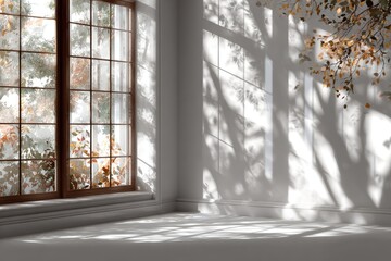 Naklejka premium Sunlight streams through a window, casting autumnal shadows