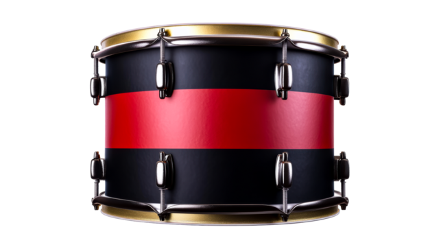 Black and red snare drum with shiny gold rim and chrome hardware, cut out transparent