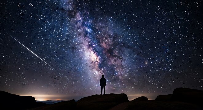 A person silhouetted against a vibrant milky way with a shooting star in the night sky above rocks
