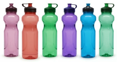 Transparent plastic sports water bottles in pastel colors with flip-top spout lids and ergonomic hourglass shape for gym and fitness