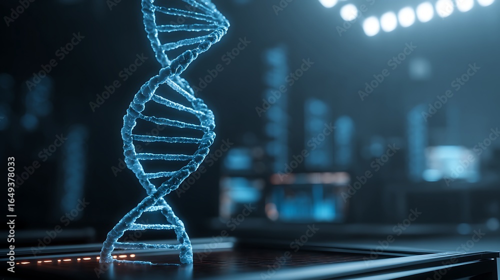 Aufkleber glowing dna helix rotating in futuristic laboratory setting