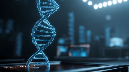 Glowing dna helix rotating in futuristic laboratory setting