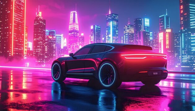 A photorealistic automotive render of a futuristic Mahindra BE 6 in a neon-lit city.