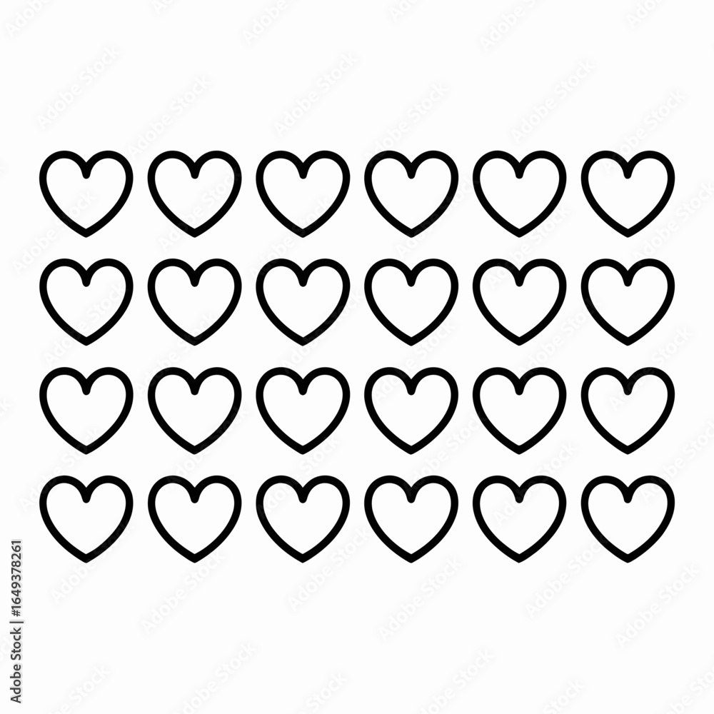 Poster a grid of twenty four outline heart shapes in a repeating pattern isolated on white background silho