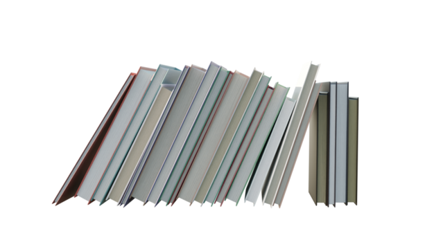 Photo of various books leaning in a row isolated on transparent background