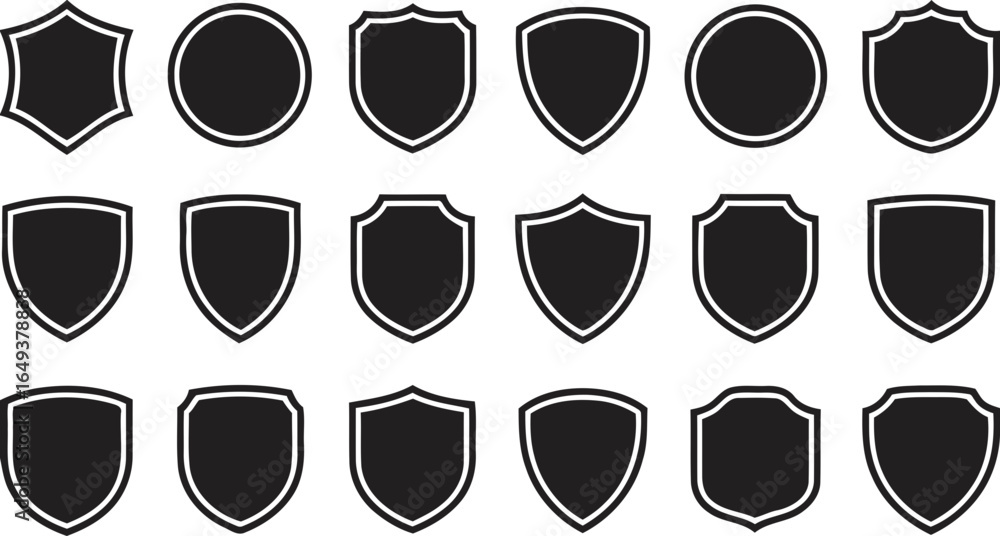Poster collection of shield and circular emblems in silhouette isolated on white background