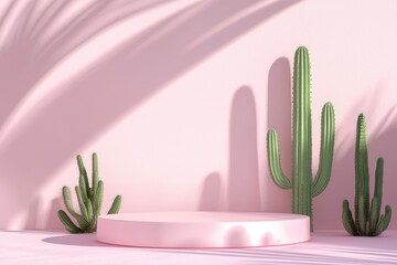 Empty circular podium with cactus decoration on desert background, light pink walls and soft shadows, minimal geometric 3D cartoon style design