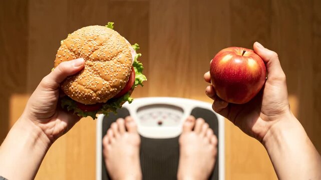 Choosing Between Unhealthy and Healthy Diet, Person Standing on Scale with Burger and Apple in Hands