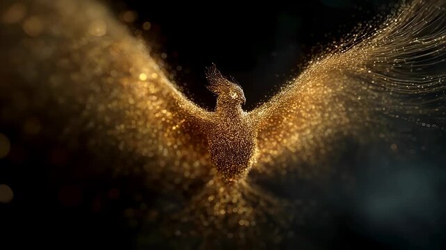 Majestic golden phoenix rising from ashes. Mythical firebird with glowing wings. Fantasy creature symbol of rebirth and immortality. Magical concept art for book cover.