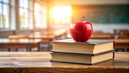 Red apple on stacked books on classroom desk with warm sunlight as classic symbol of education and Teacher’s Day
