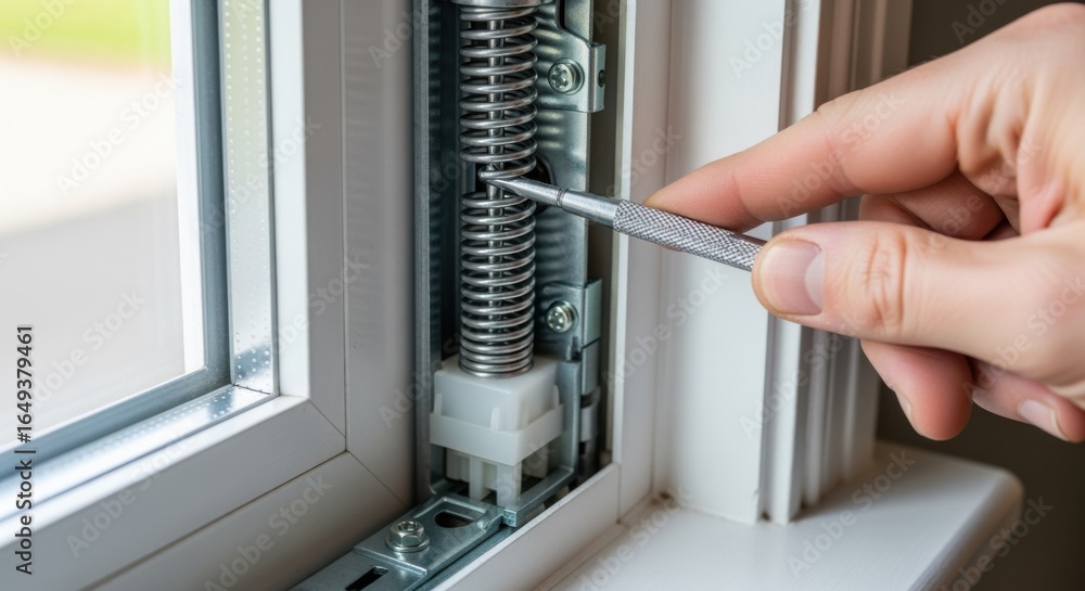 Poster visual focus on spiral balance spring tension adjustment within a doublehung window to ensure proper