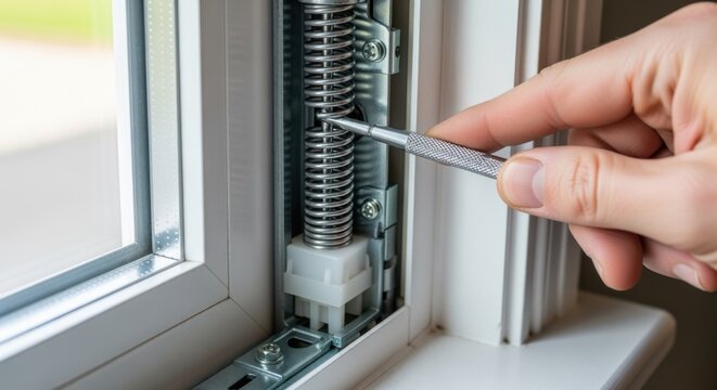 Visual focus on spiral balance spring tension adjustment within a doublehung window to ensure proper sash balance.