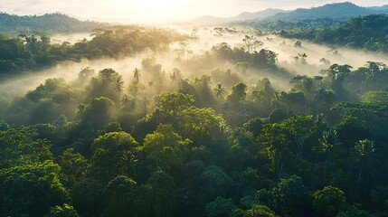 Misty Forest Sunrise Panorama with Tropical Rainforest Aerial View
