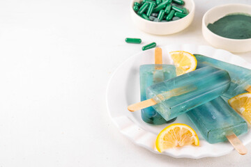Vegan protein and superfood dessert, Frozen spirulina water lollipops, sweet spirulina smoothie...