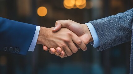 Closeup of two businesspeople shaking hands wearing suit coats with blurred background