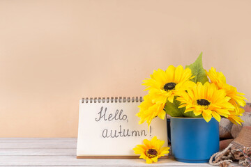 Hello autumn fall seasonal and holiday background, with a bouquet of sunflower flowers, plaid and...