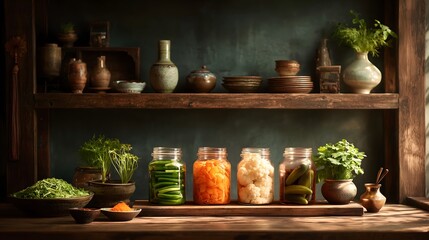 Fototapeta premium Four glass jars with pickled cucumbers, carrots and cauliflower on a wooden shelf with herbs and bowls in a rustic kitchen background, warm daylight and copy space