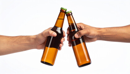 Hand clinking their bottles of beer together on white background