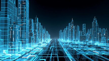 Ultra-detailed video of a digital twin city skyline, featuring half realistic skyscrapers and half holographic 3D wireframe with a glowing blue smart city grid interface - Powered by Adobe
