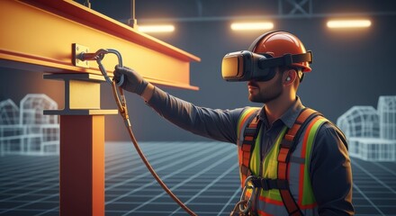VR simulation of worker learning proper anchorage techniques for fallarrest safety compliance.