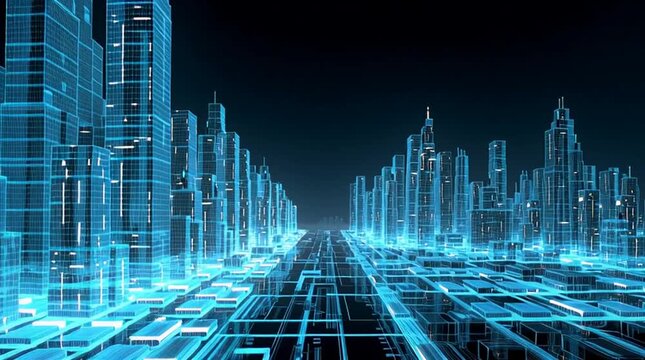 Ultra-detailed video of a digital twin city skyline, featuring half realistic skyscrapers and half holographic 3D wireframe with a glowing blue smart city grid interface