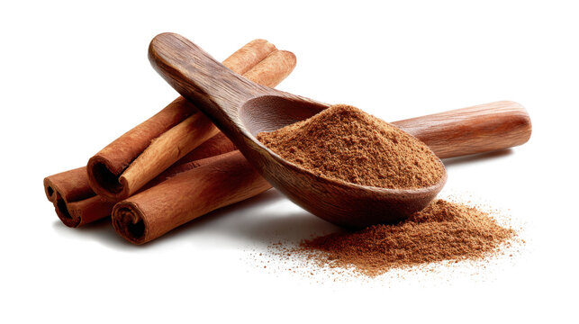 Cinnamon sticks and powder in a wooden spoon isolated on a white background - Powered by Adobe