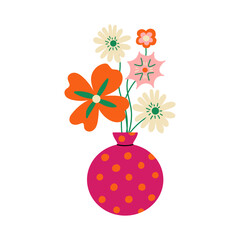 Colorful potted flowers isolated on a white background. Beautiful bouquet of flowers in a vase illustration. Vector simple flat design. Flower shop banner