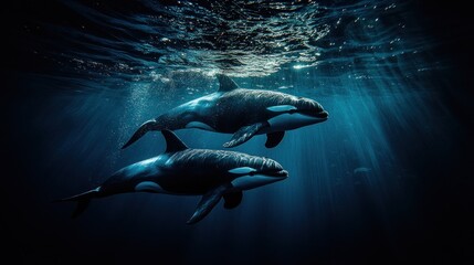 Deep Blue Majesty: Two Orcas Swimming in Dramatic Underwater Sunbeams