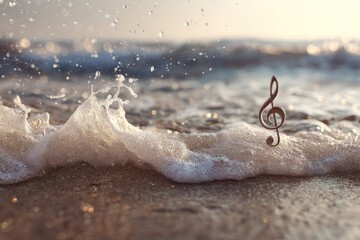 Treble clef on beach, waves crashing