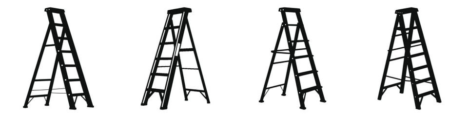 Black silhouette of folding step ladders isolated on white background, set of four different angles, versatile portable ladder for home, construction, and maintenance work