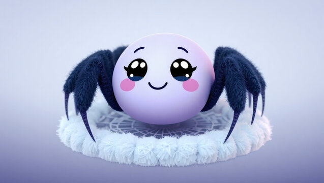 A cute kawaii 3D spider character with big anime eyes and a happy smile sitting on a fluffy white web. This adorable fantasy insect is a charming and sweet creature creation.