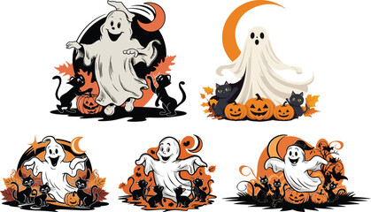 Vintage Halloween Ghost and Black Cat Illustration Bundle - Spooky Pumpkin Vector Art