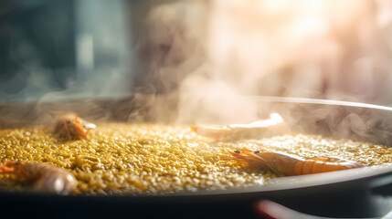 Artisanal paella pan with golden saffron rice and fresh seafood, celebrating Spain's National Day with Mediterranean coastal hues.