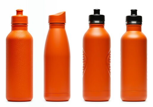 Orange matte finish sports water bottles with black flip-top and screw caps shown from side angles on neutral background for product design - Powered by Adobe