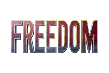 Three-dimensional embossed letters spelling FREEDOM with textured surfaces, cut out transparent