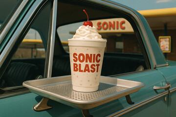 Retro drive-thru window view of a Sonic Blast milkshake with whipped cream and cherry, served on a metal tray attached to a car window