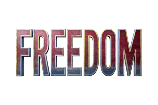 Three-dimensional embossed letters spelling FREEDOM with textured surfaces, cut out transparent