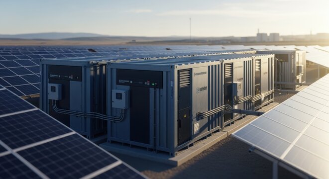 Wide shot of interconnected microgrid battery containers surrounded by solar panels demonstrating integrated clean energy storage systems.