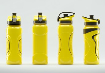 Bright yellow ergonomic sports water bottles with textured grip panels and flip-top spouts featuring integrated carry loops