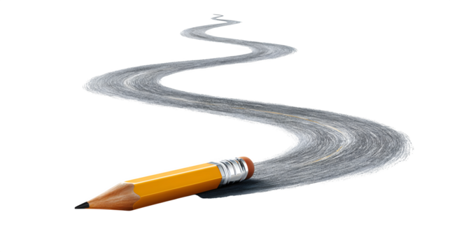 Floating pencil drawing an endless road of learning