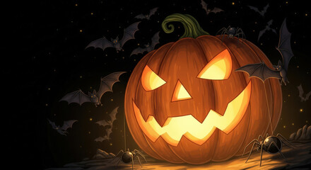 Glowing Halloween Pumpkin with Bats and Spiders A Festive and Creepy Illustration for Autumn Holidays and Decoration with Dark Background and Eerie Atmosphere