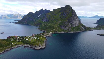 Aerial view of a beautiful Norwegian landscape with mountains and sea